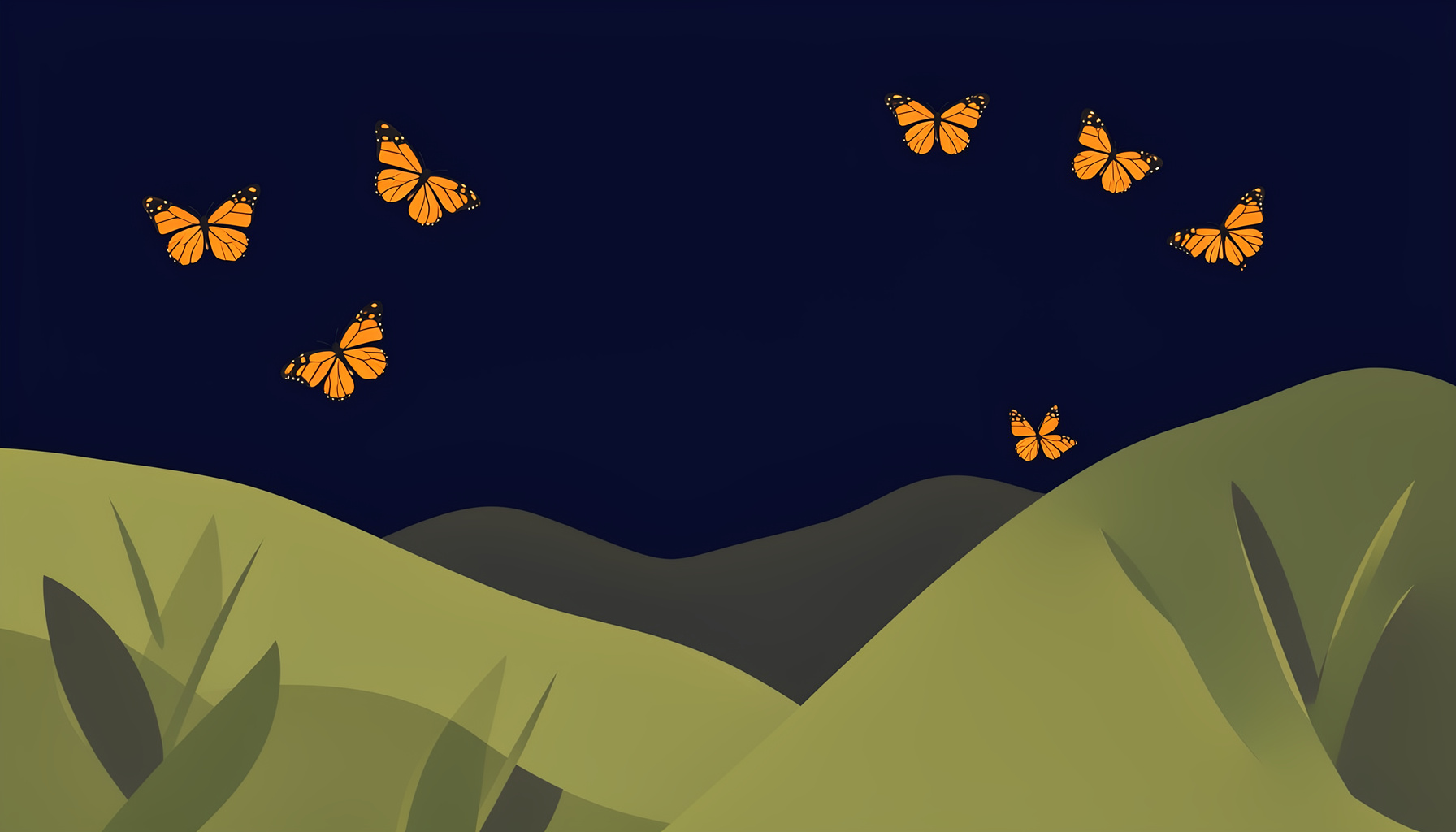 A flat vector illustration of a deep navy night sky dotted with silhouetted monarch butterflies in warm amber-orange, layered above a quiet horizon.