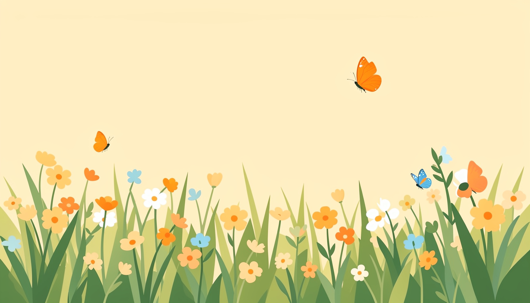 A flat vector illustration of a sunlit meadow with scattered wildflowers in soft golds and greens, accented by a few orange butterflies.