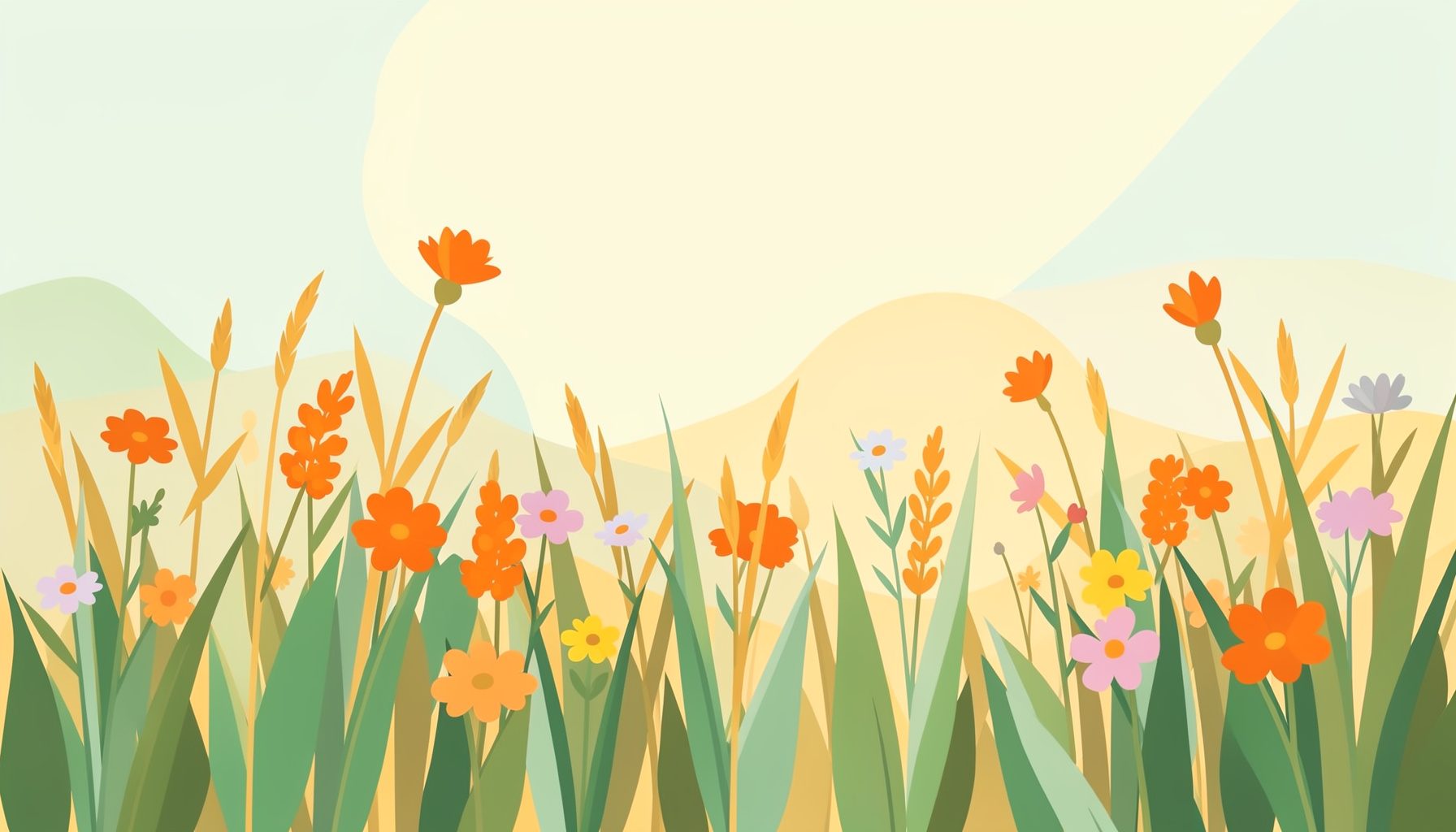 A flat vector illustration of a sunlit meadow restoration scene with native wildflowers and tall grasses in warm golds under a soft sky.