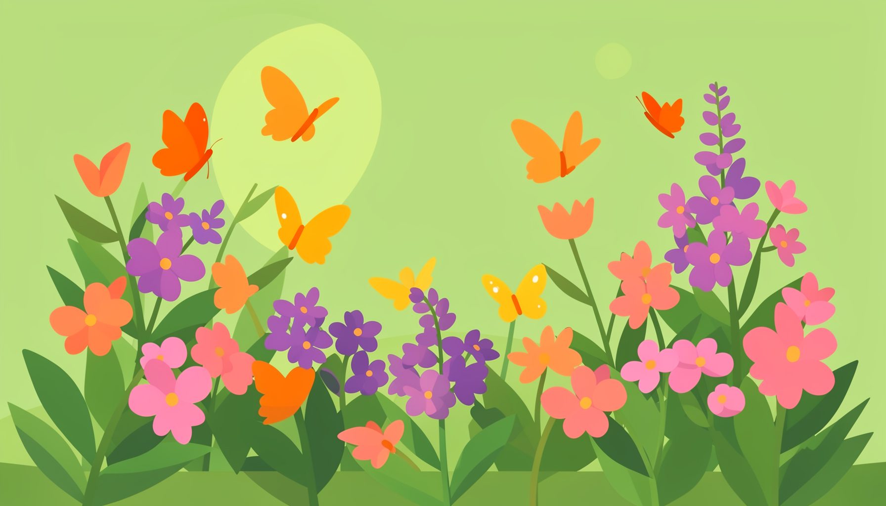 A flat vector illustration of a lush butterfly garden in warm sunlight with orange and yellow butterflies fluttering among native flowers.