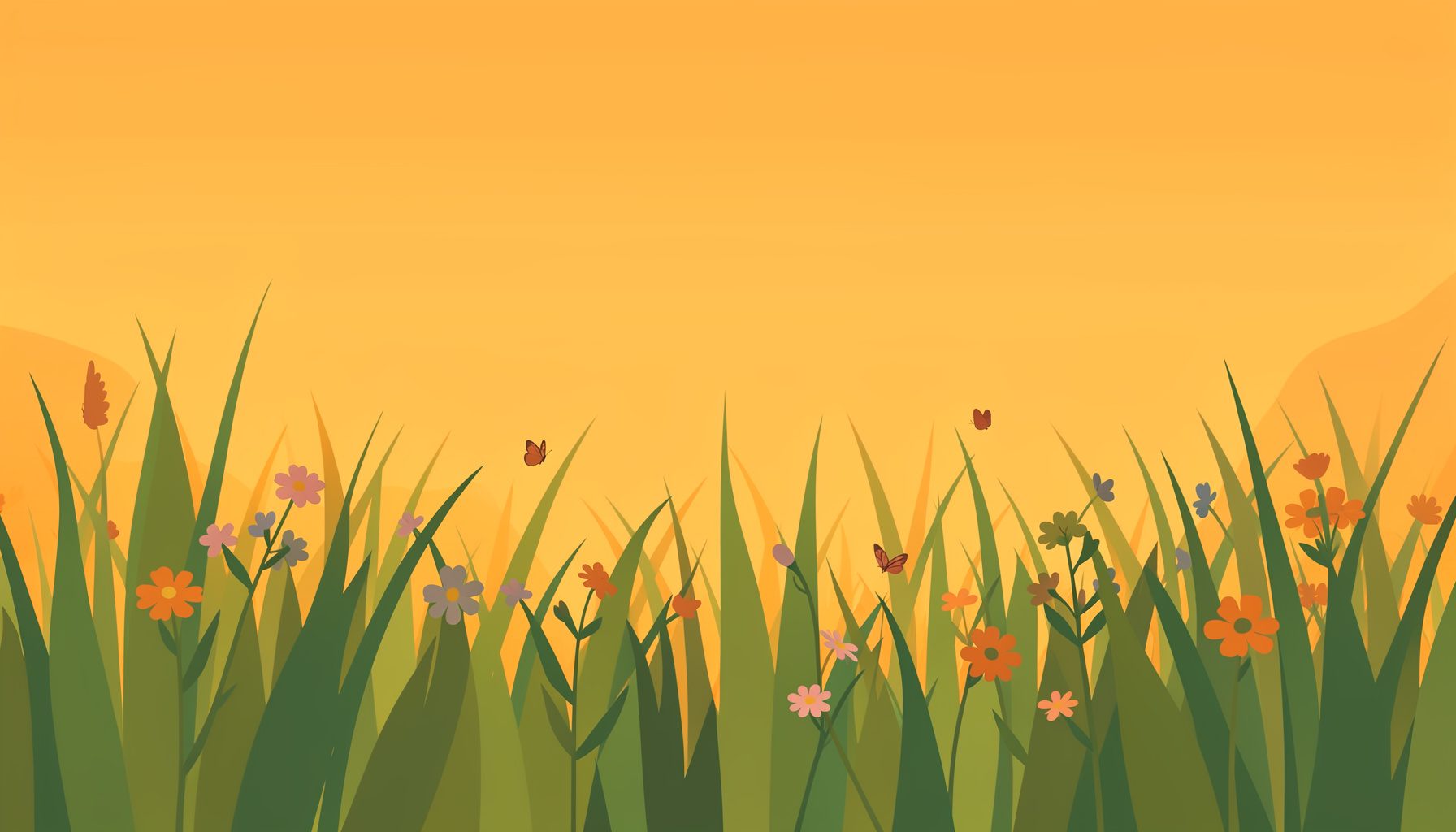 A flat vector illustration of a serene meadow at golden hour, with tall grasses and wildflowers in soft greens and warm amber tones.